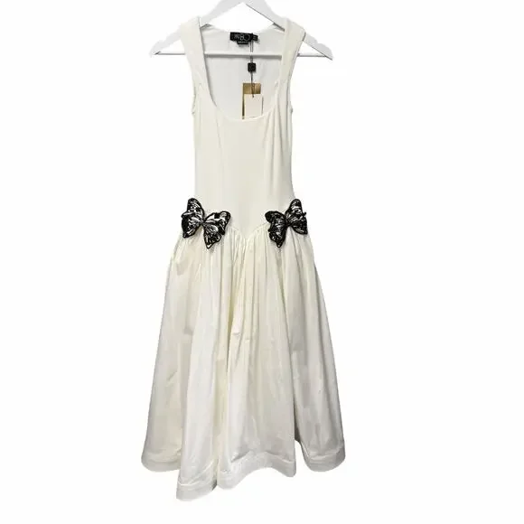 NWT PatBo Merian Knit Midi Dress Off White Black Sequin Butterfly Applique  Small